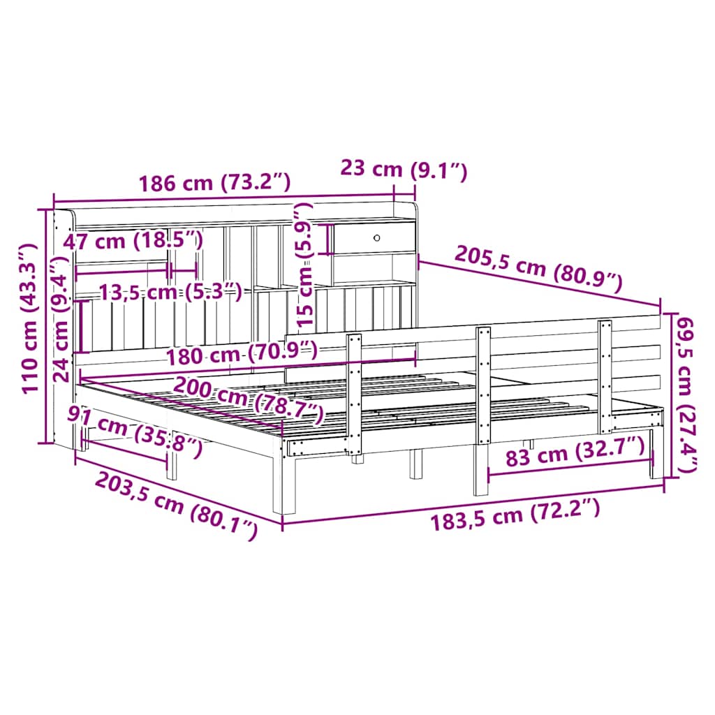 Bookcase Bed | Natural Pine | Solid Pine Wood | Super King | Bed Frame