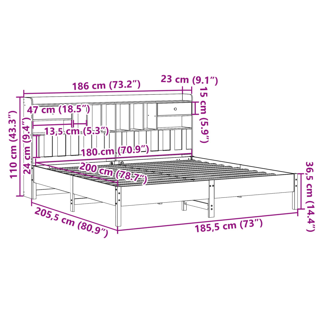 Bookcase Bed without Mattress White 180x200 cm Super King Solid Wood Pine