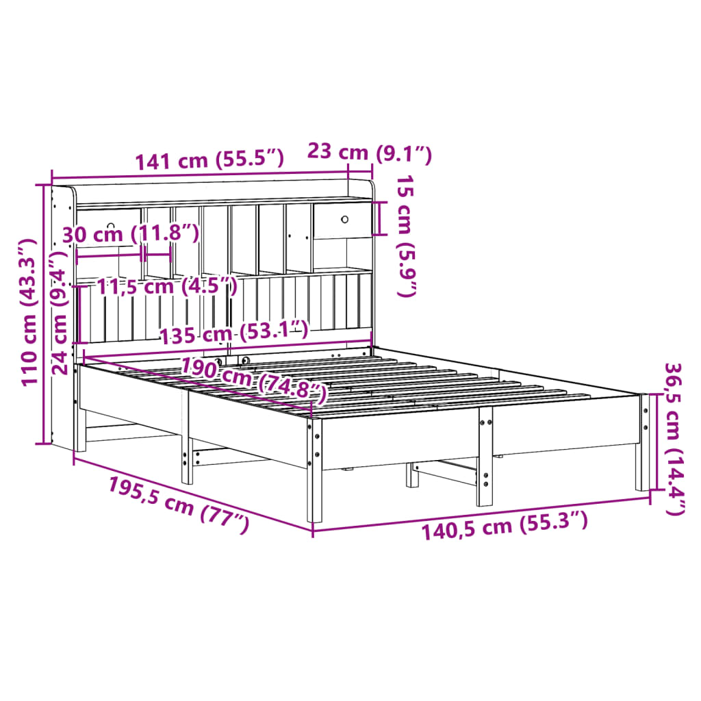 Bookcase Bed without Mattress White 135x190 cm Double Solid Wood Pine
