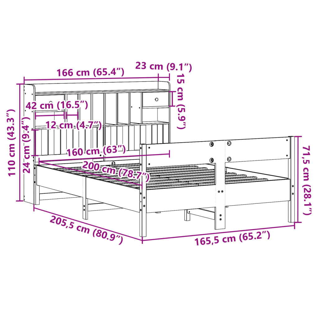 Bookcase Bed without Mattress White 160x200cm Solid Wood Pine
