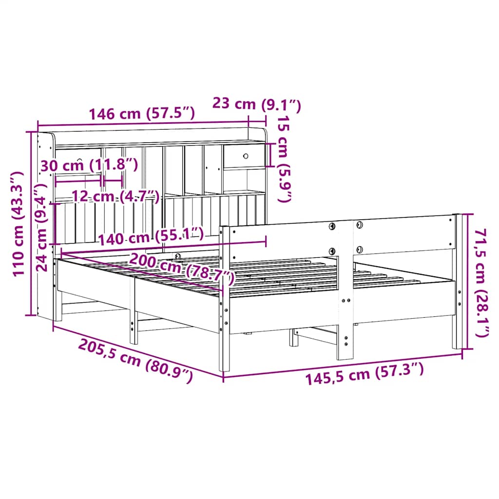 Bookcase Bed without Mattress White 140x200cm Solid Wood Pine