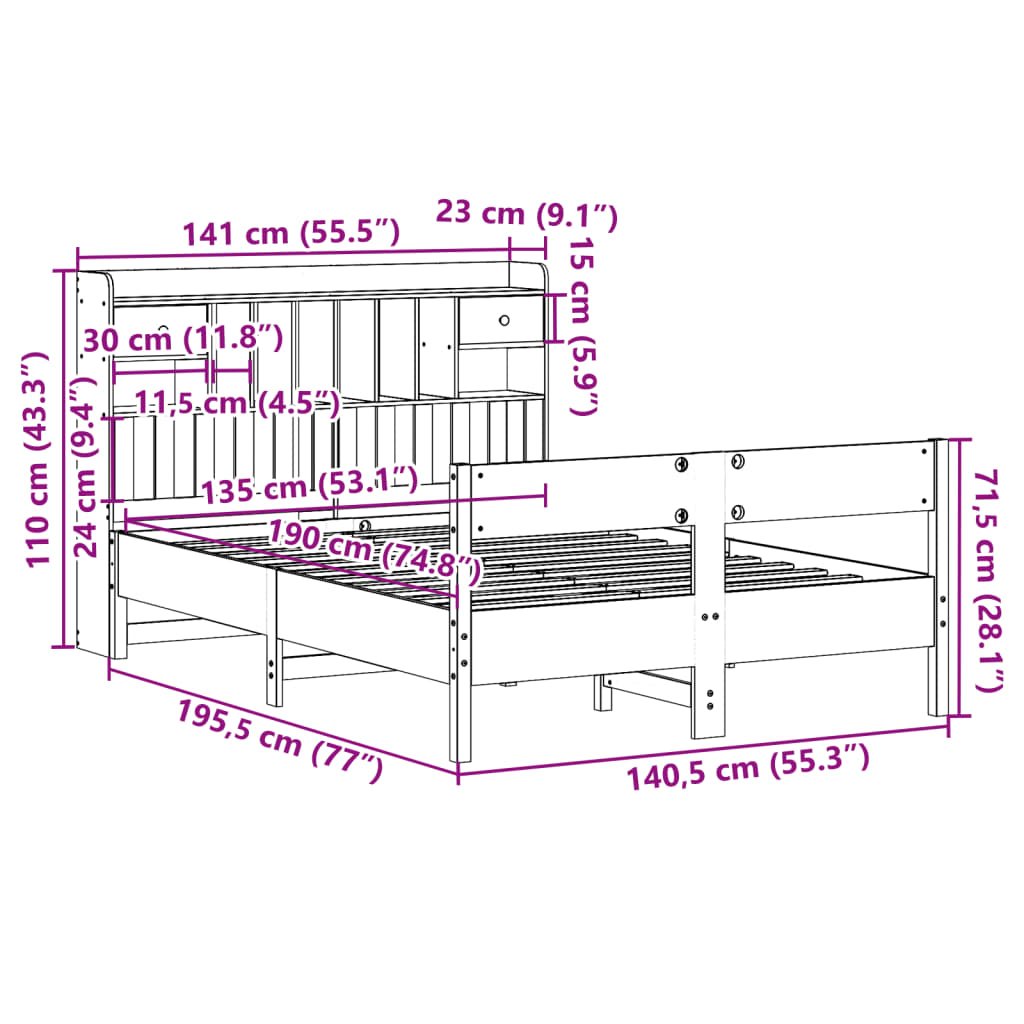 Bookcase Bed without Mattress Wax Brown 135x190cm Double Solid Wood Pine