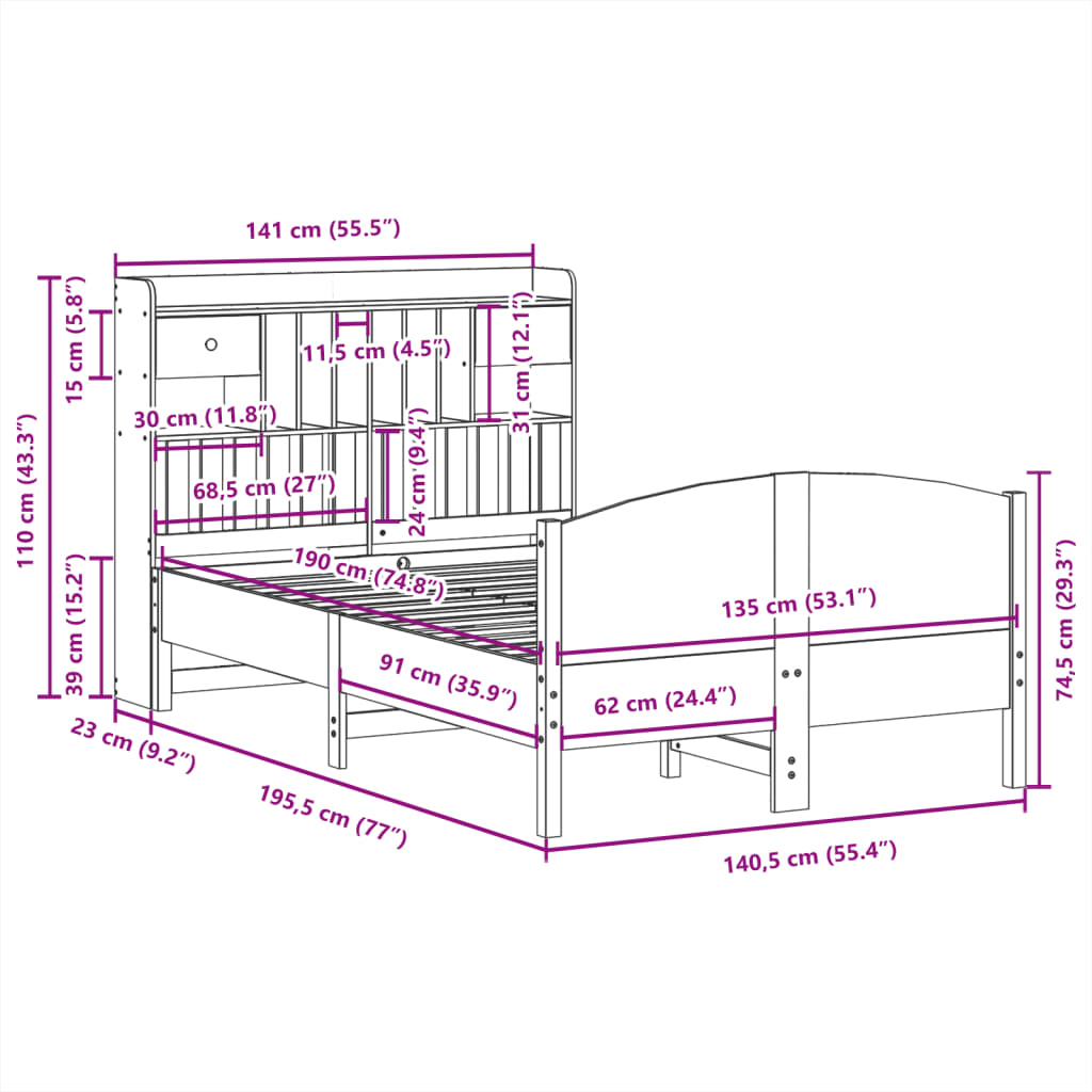 Bookcase Bed without Mattress 135x190 cm Double Solid Wood Pine