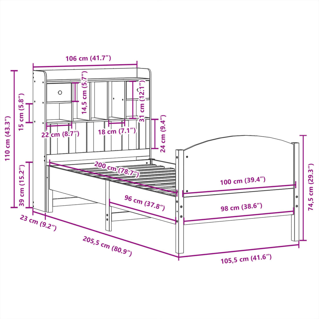 Bookcase Bed without Mattress Wax Brown 100x200cm Solid Wood Pine