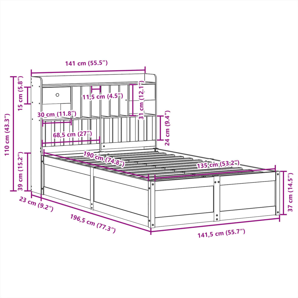 Bed Frame without Mattress 135x190 cm Double Solid Wood Pine