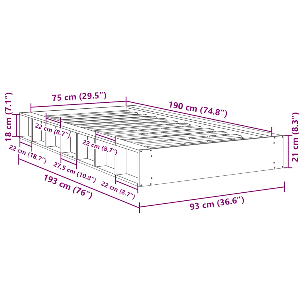 Bed Frame without Mattress 75x190 cm Solid Wood Oak