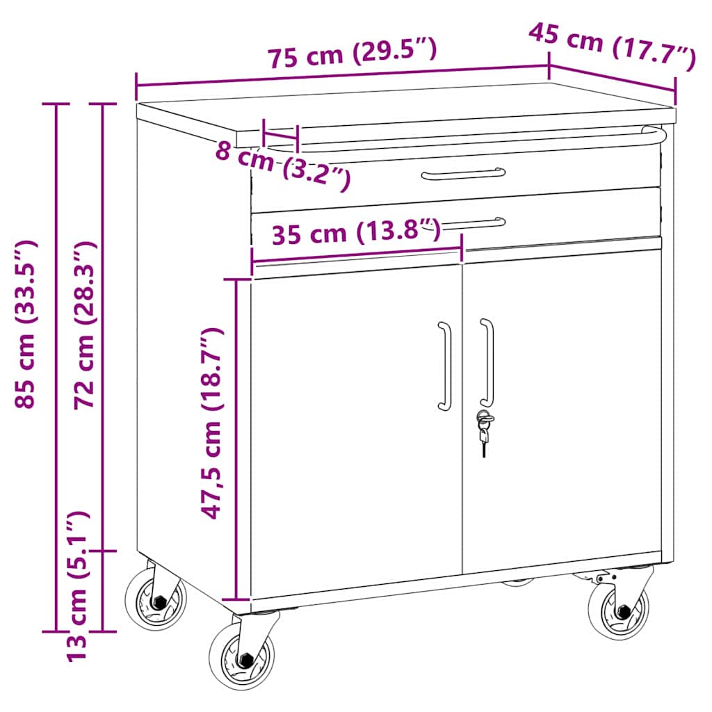 Trolley Rolling Workbench Red and Grey 75 x 45 x 85 cm