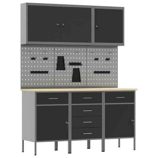 Work Cabinet with Drawer 8 pcs Black Engineered Wood and Steel