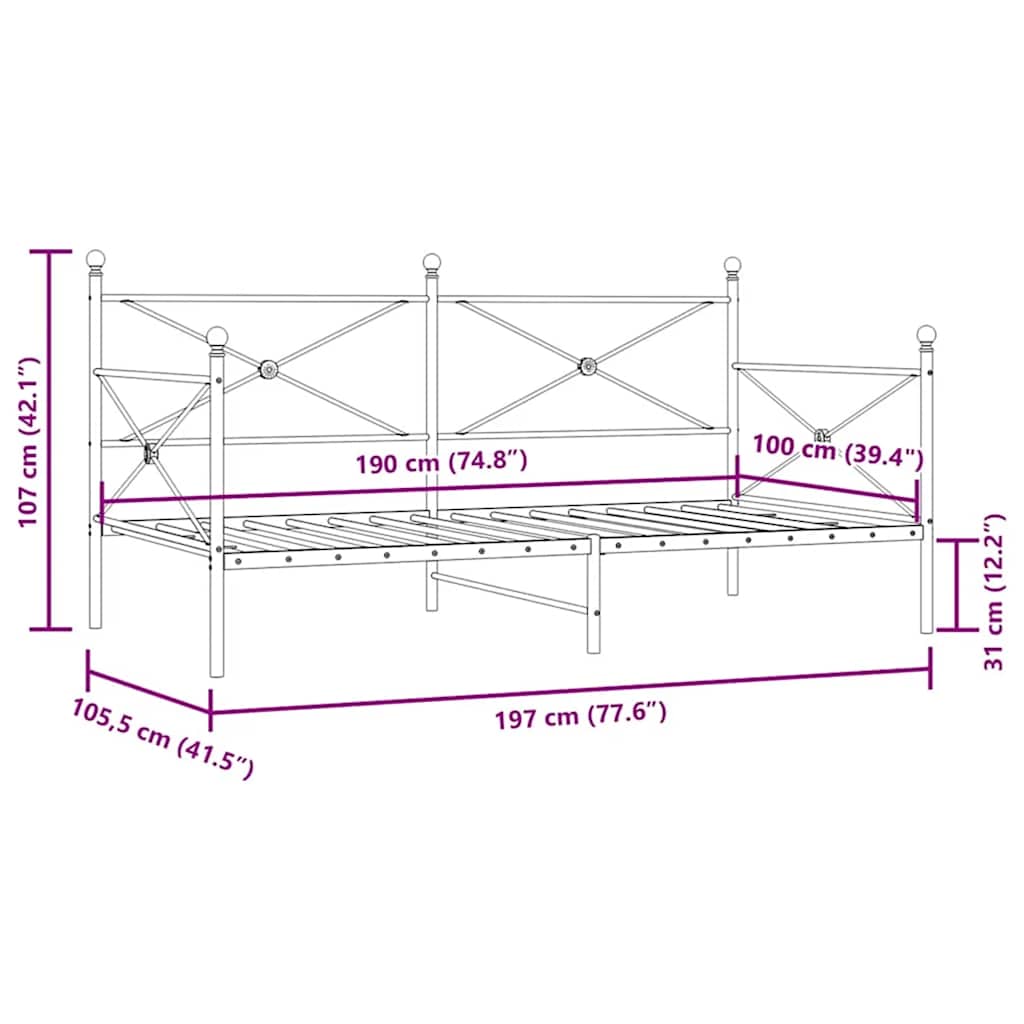 Day Bed without Mattress Black 100x190 cm Steel