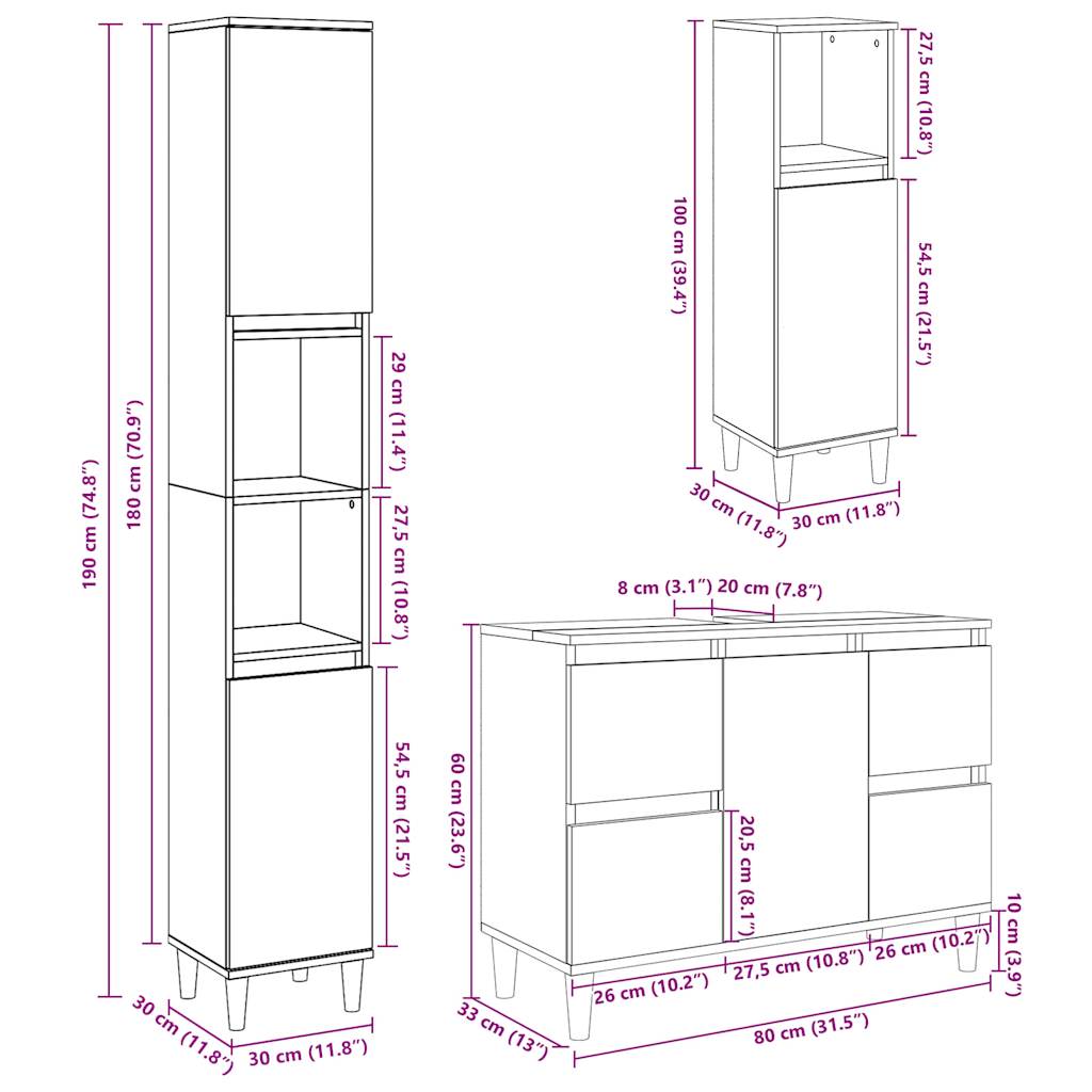 3 Piece Bathroom Furniture Set Concrete Grey Engineered Wood
