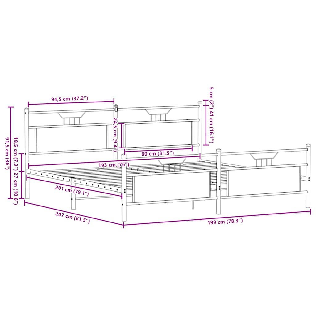 Metal Bed Frame without Mattress Smoked Oak 193x203 cm
