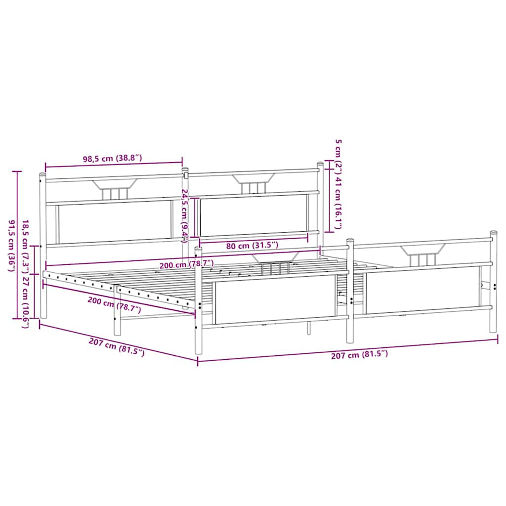 Metal Bed Frame without Mattress Sonoma Oak 200x200 cm