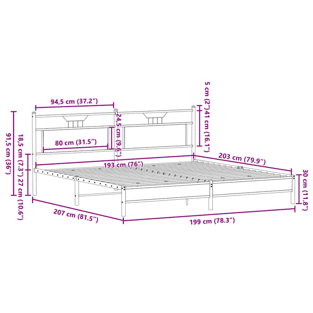 Metal Bed Frame without Mattress Smoked Oak 193x201 cm