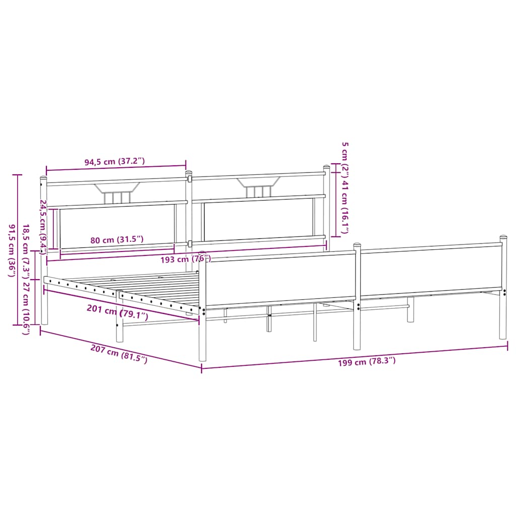 Metal Bed Frame without Mattress Smoked Oak 193x201 cm
