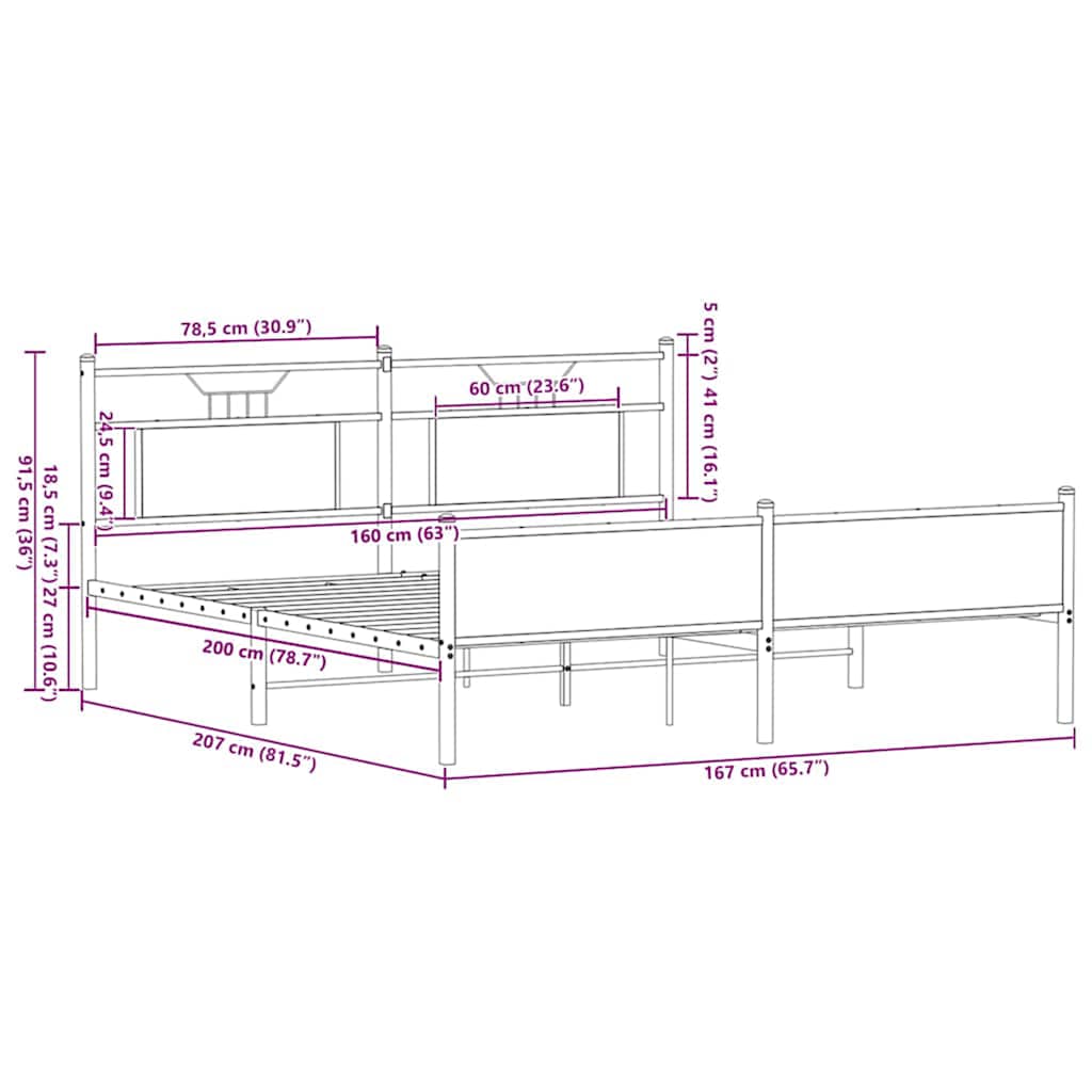 Metal Bed Frame without Mattress Brown Oak 160x200 cm