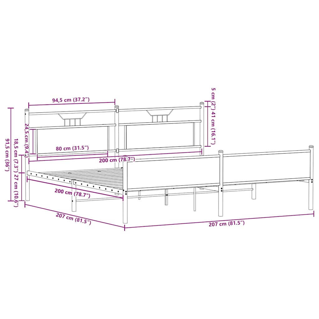 Metal Bed Frame without Mattress Brown Oak 200x200 cm
