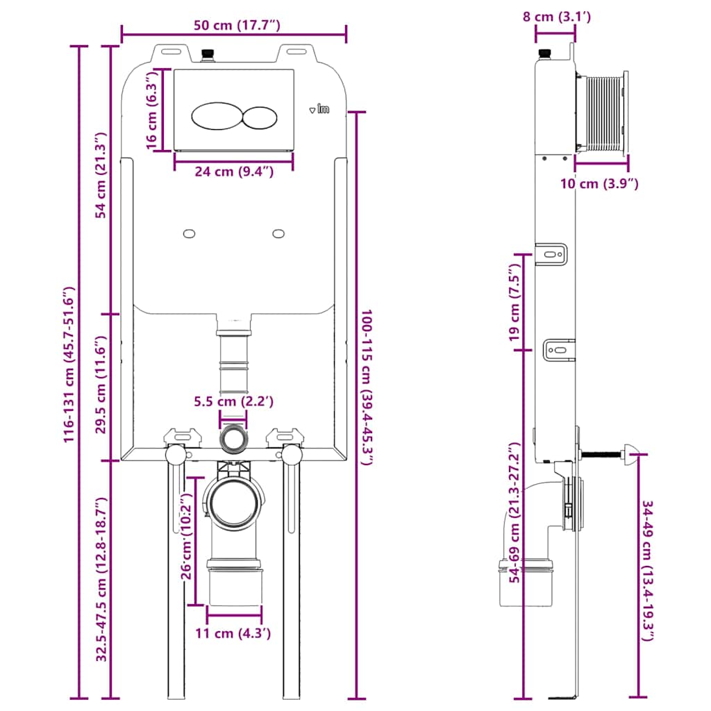 Cistern Frame Height Adjustable White 50 x 8 x 131 cm Steel