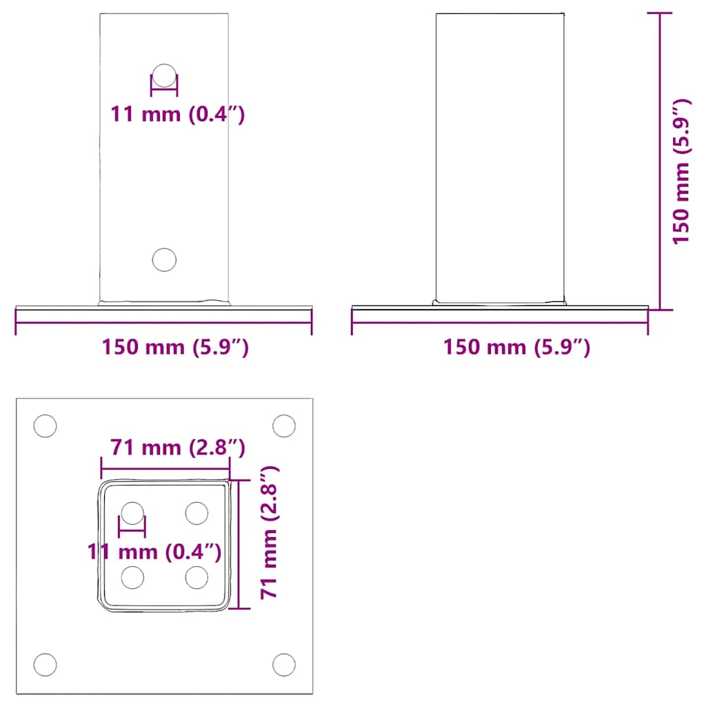 Post Bases Square 4 pcs Silver 71x71 mm Galvanised Steel
