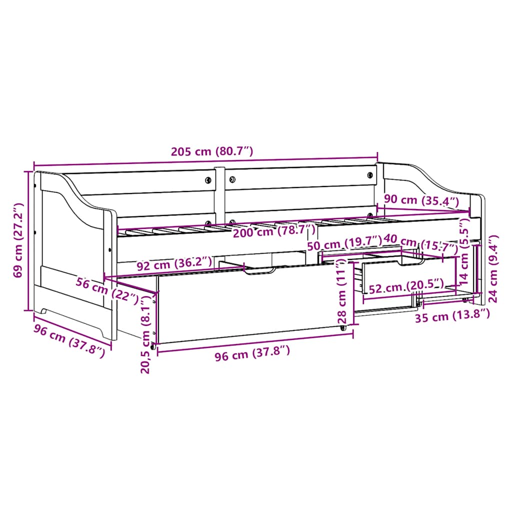 Day Bed with 3 Drawers without Mattress IRUN Black 90x200 cm
