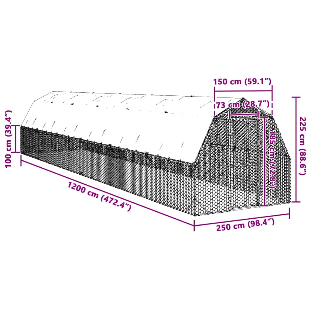 Chicken Run with Roof 2.5x12x2.25 m Galvanised Steel
