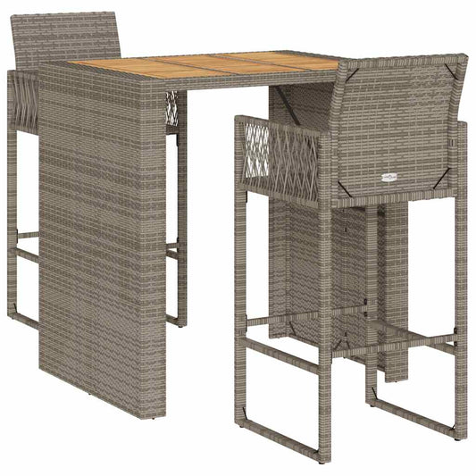 3 Piece Garden Bar Set without Cushions Grey Poly Rattan Acacia