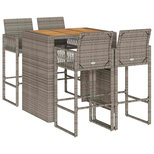 5 Piece Garden Bar Set without Cushions Grey Poly Rattan Acacia
