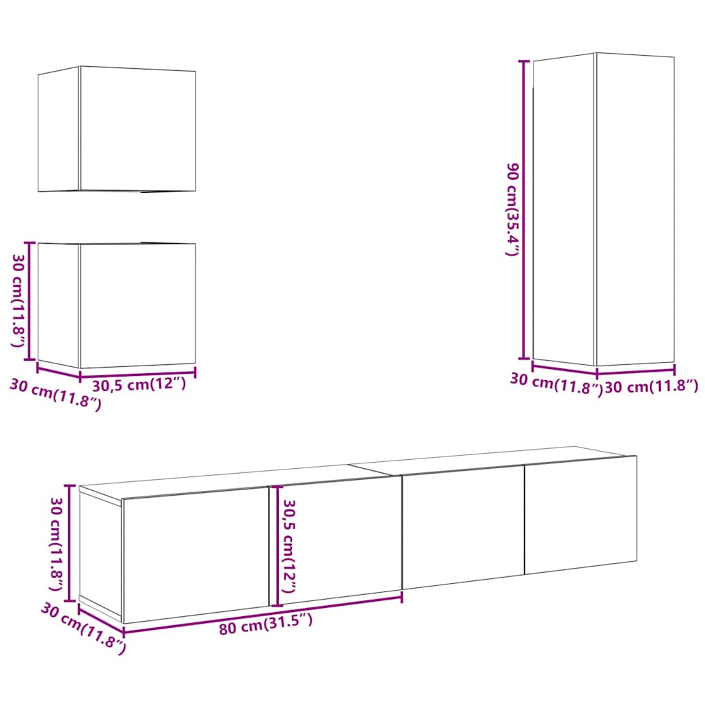 5 Piece TV Cabinet Set Wall-mounted Artisan Oak Engineered Wood
