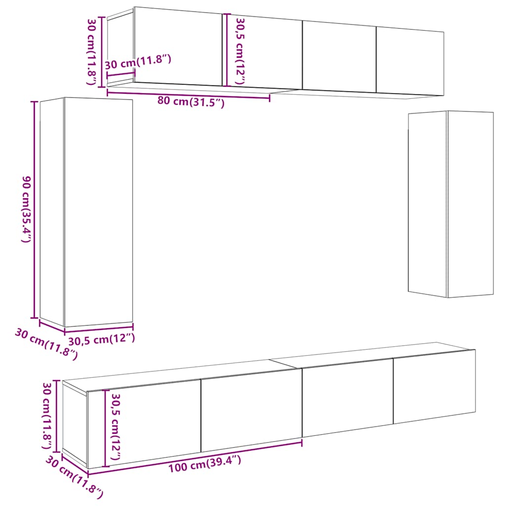 6 Piece TV Cabinet Set Wall-mounted Old Wood Engineered Wood