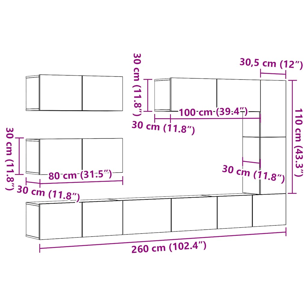 7 Piece TV Cabinet Set Wall-mounted Artisan Oak Engineered Wood