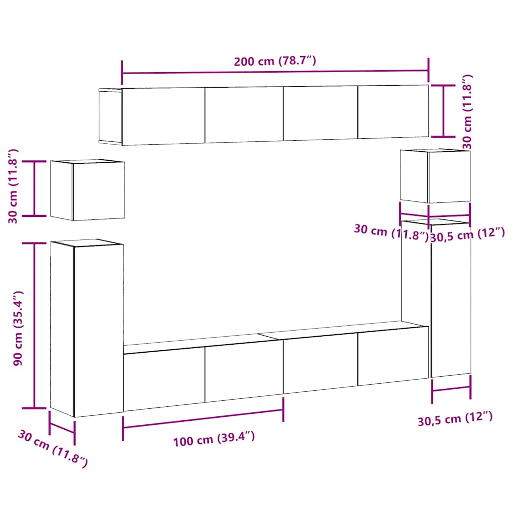 8 Piece TV Cabinet Set Wall-mounted Old Wood Engineered Wood