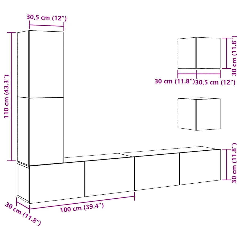 5 Piece TV Cabinet Set Wall-mounted Artisan Oak Engineered Wood