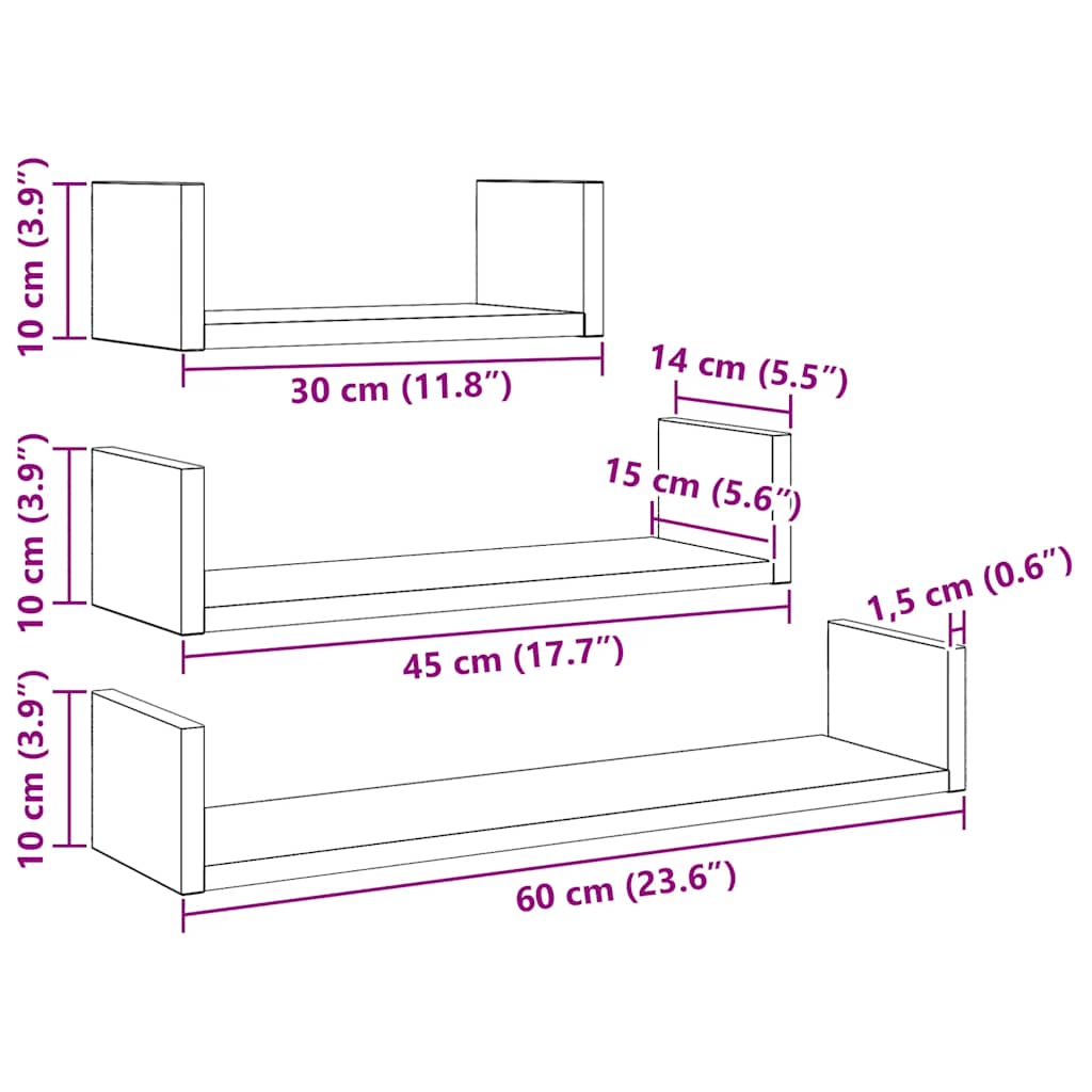 Wall Shelves 3 pcs Black Oak Engineered Wood