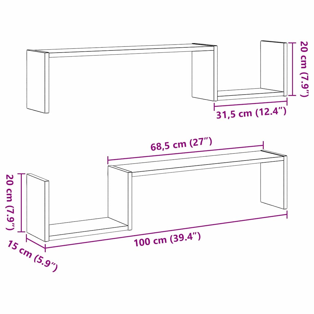 Wall Shelf 2 pcs Black Oak 100 x 15 x 20 cm Engineered Wood