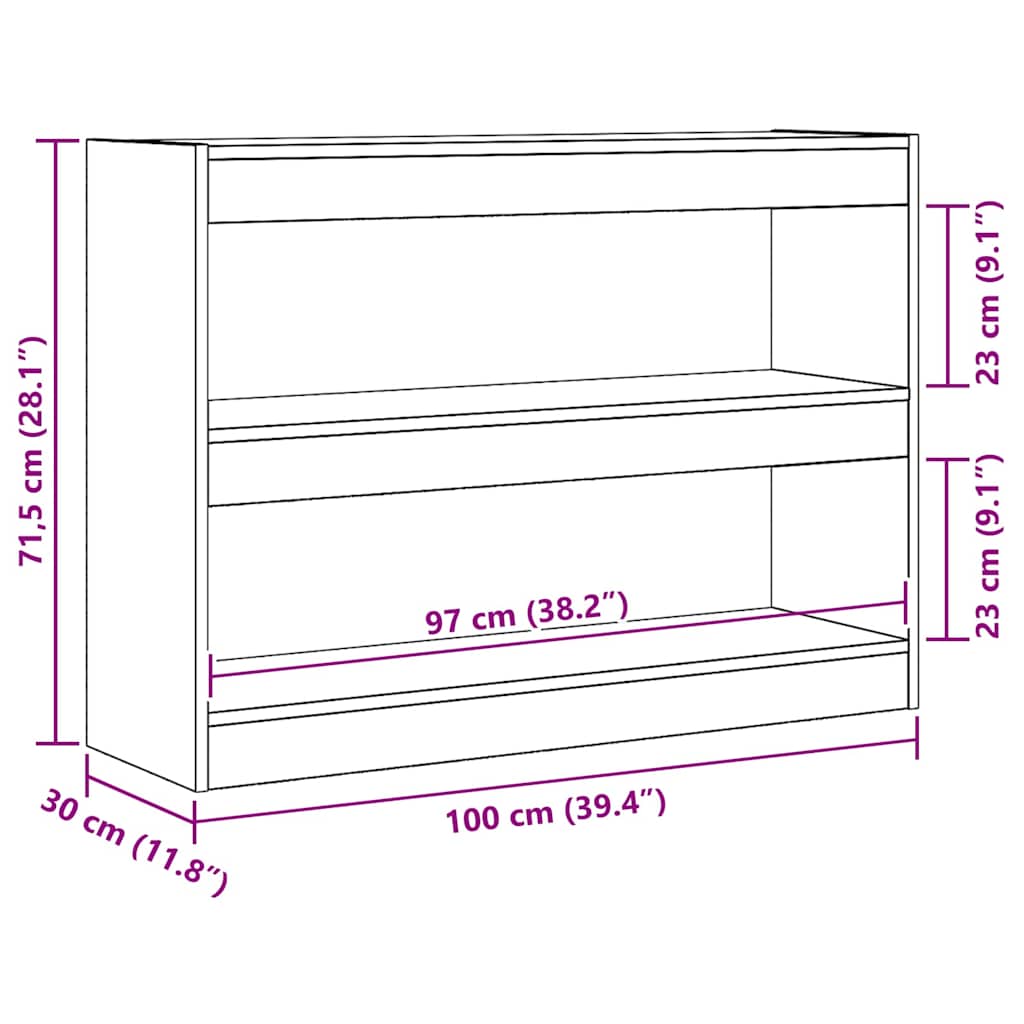 Bookcase 2-Tier 100 x 30 x 72 cm Engineered Wood Old wood