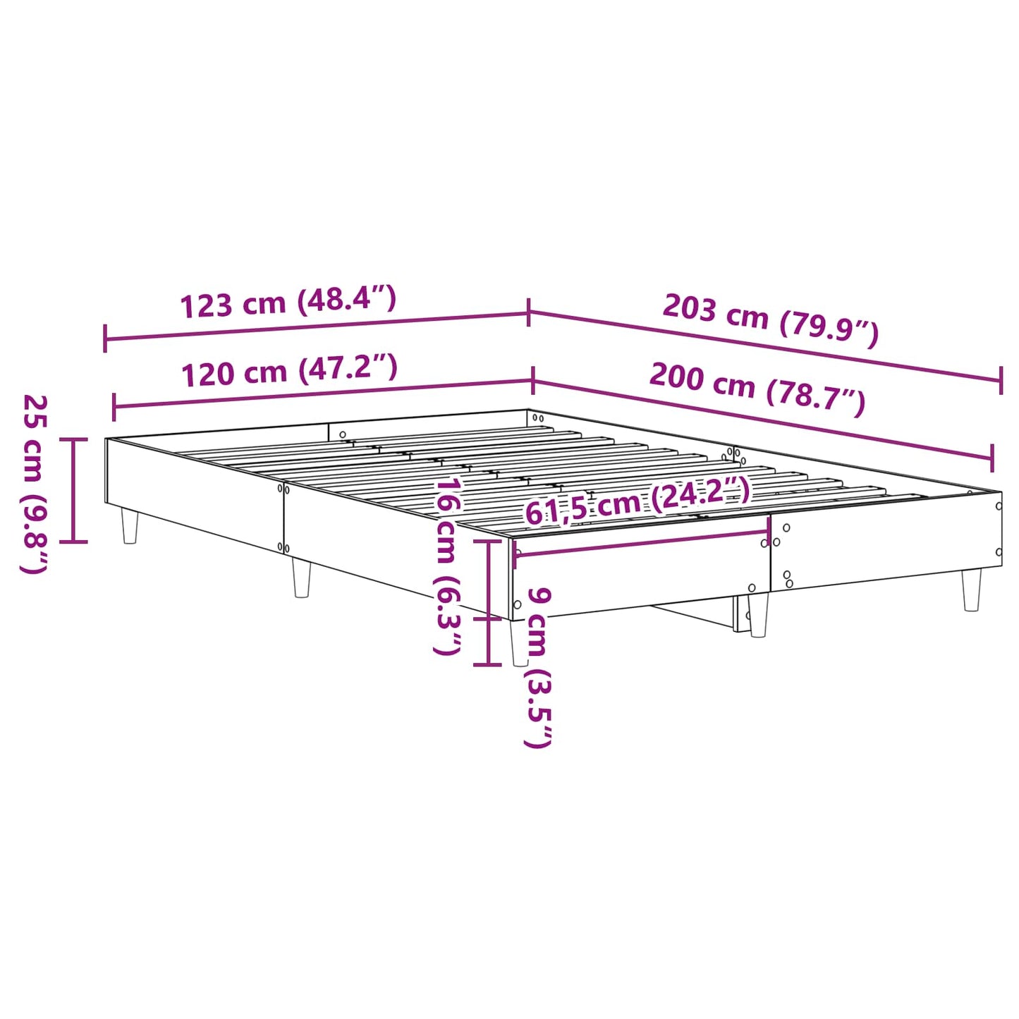 Bed Frame Black Oak 203 x 123 x 25 cm Engineered Wood
