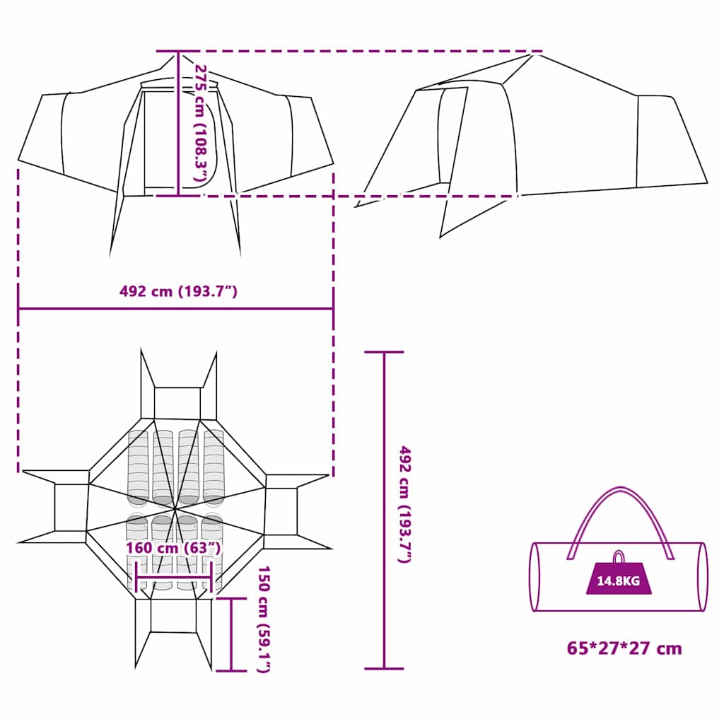 Tipi Tent 8-Person Grey and Orange Taffeta