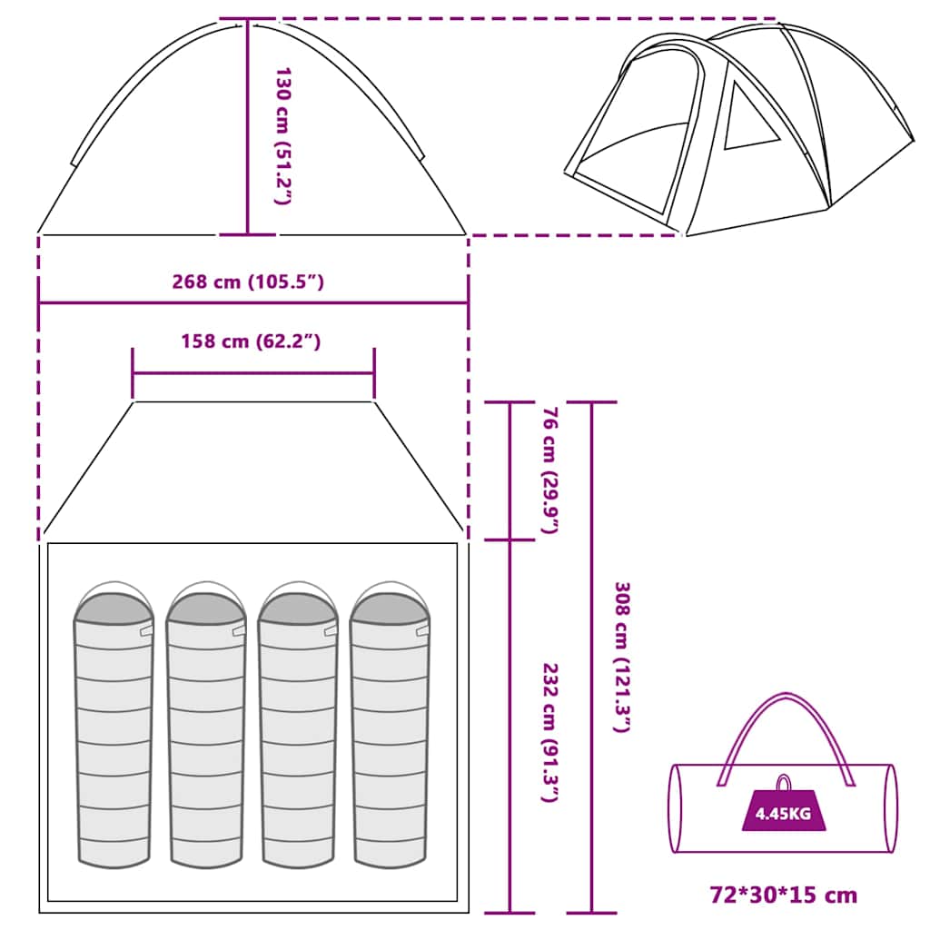 Camping Tent with Roof Blue 308 x 268 x 130 cm Polyester