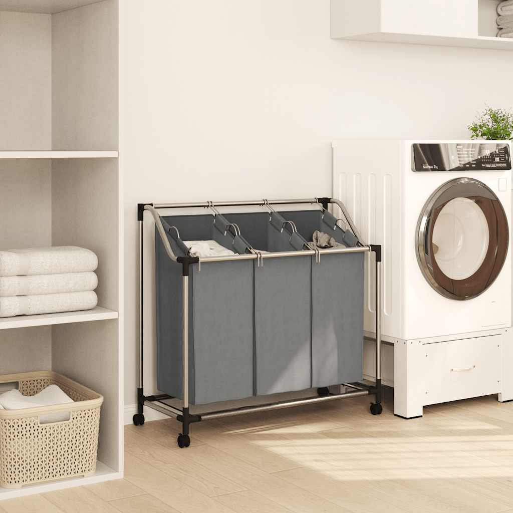 Laundry Basket with Wheels 3 Compartments Grey
