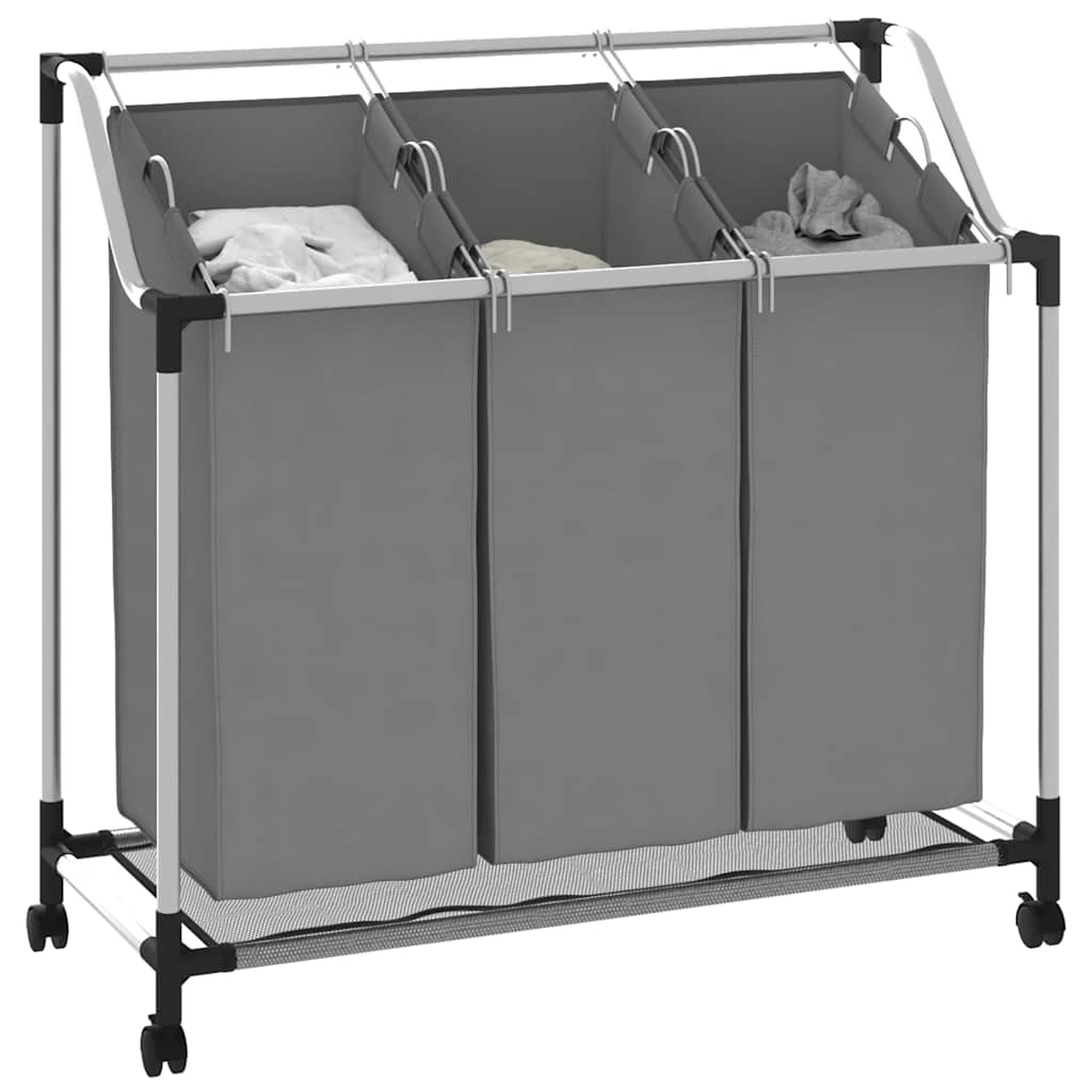 Laundry Basket with Wheels 3 Compartments Grey