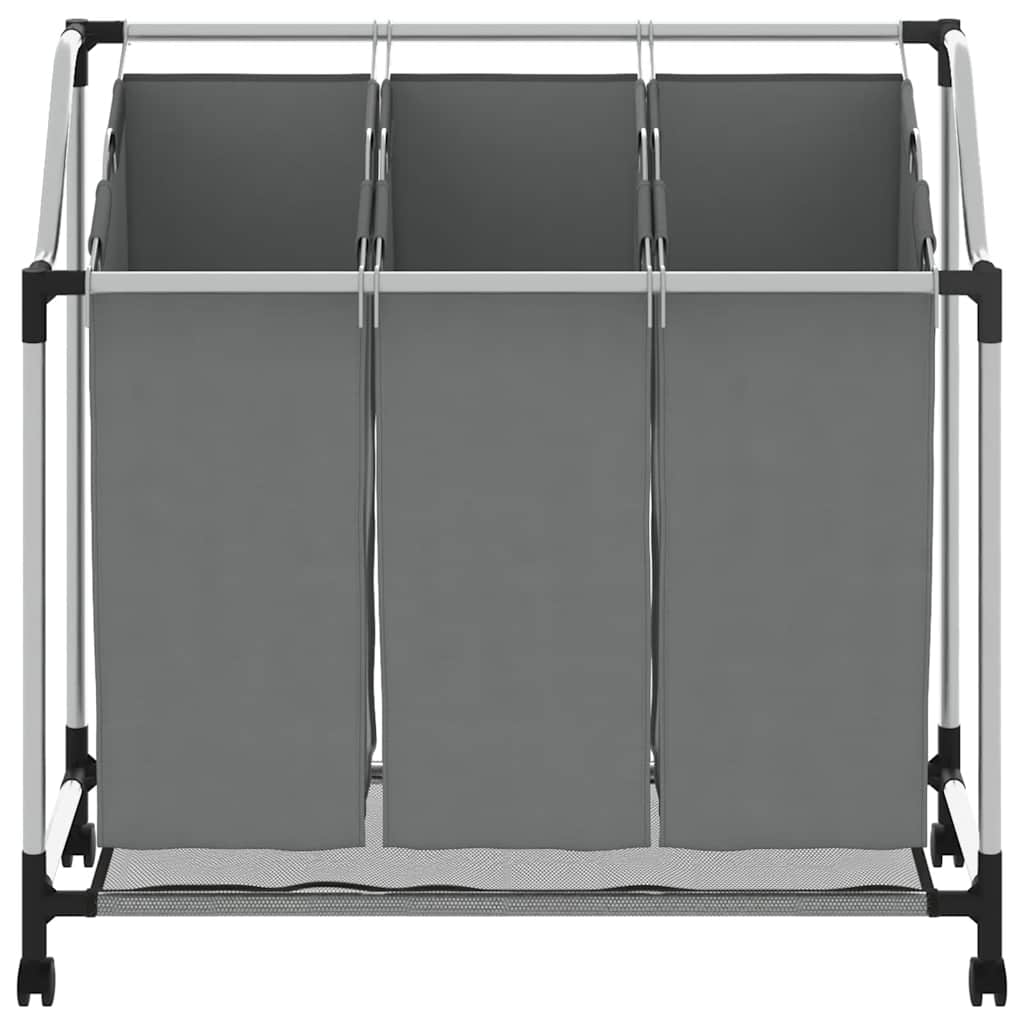 Laundry Basket with Wheels 3 Compartments Grey