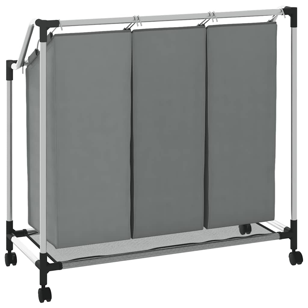 Laundry Basket with Wheels 3 Compartments Grey
