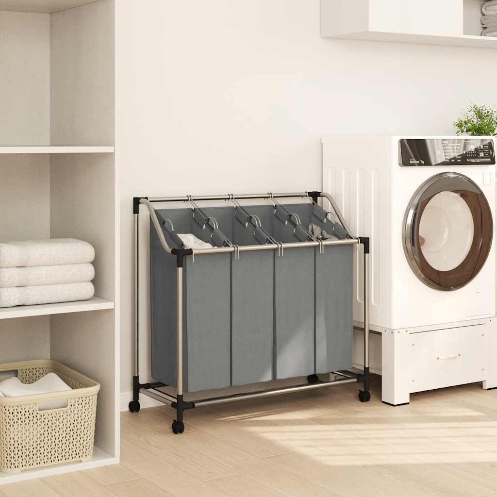 Laundry Basket with Wheels 4 Compartments Grey