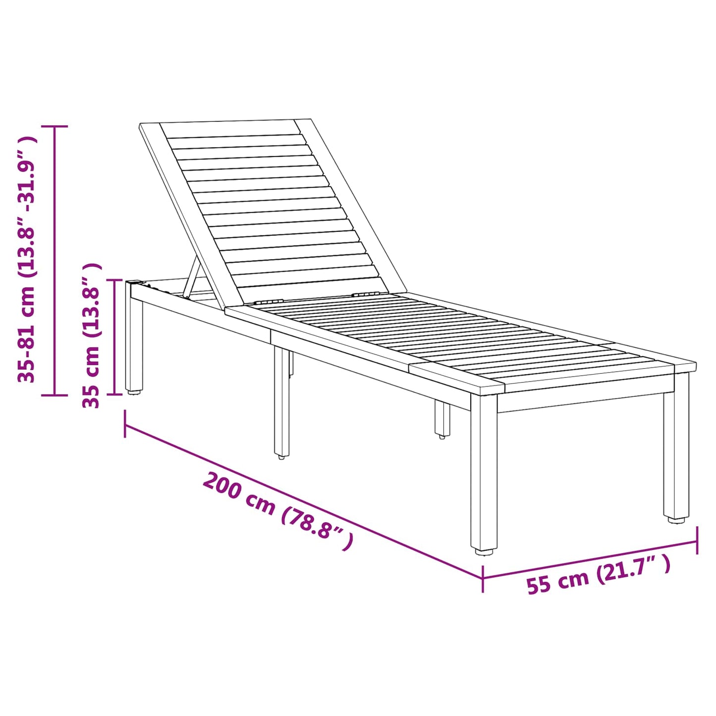 Sun lounger Reclining Grey 200 x 55 x 35 cm Solid Acacia Wood