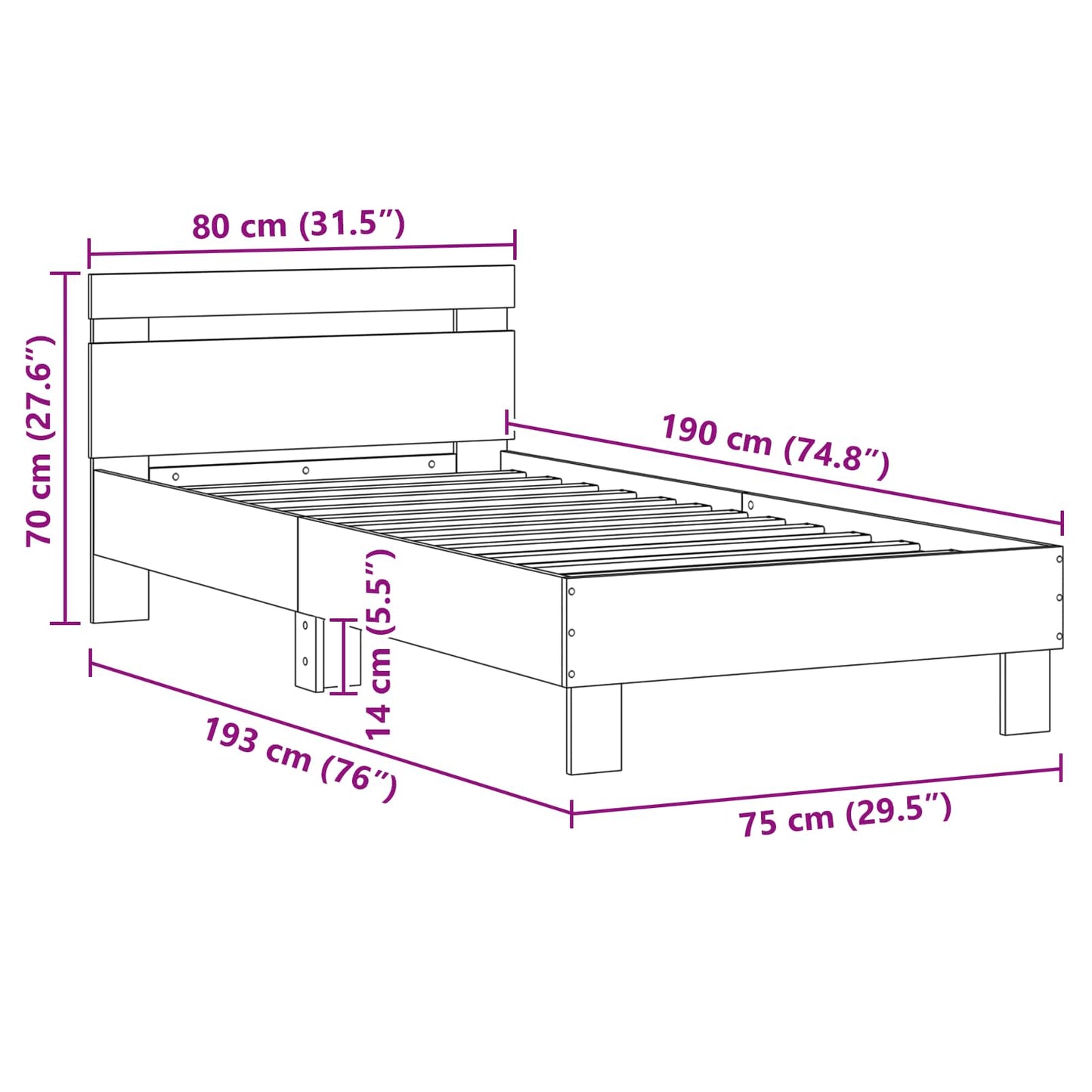 Bed Frame with Headboard Black Oak 75 x 190 cm Engineered Wood