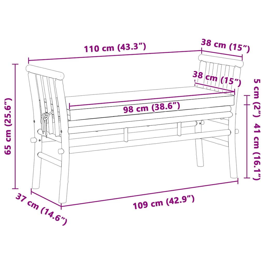 Garden Bench 2 -Seater 110 x 38 x 65cm Bamboo Brown Rectangular