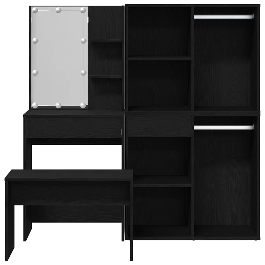 Dressing Table Set with LED 4 pcs Black Oak Engineered Wood