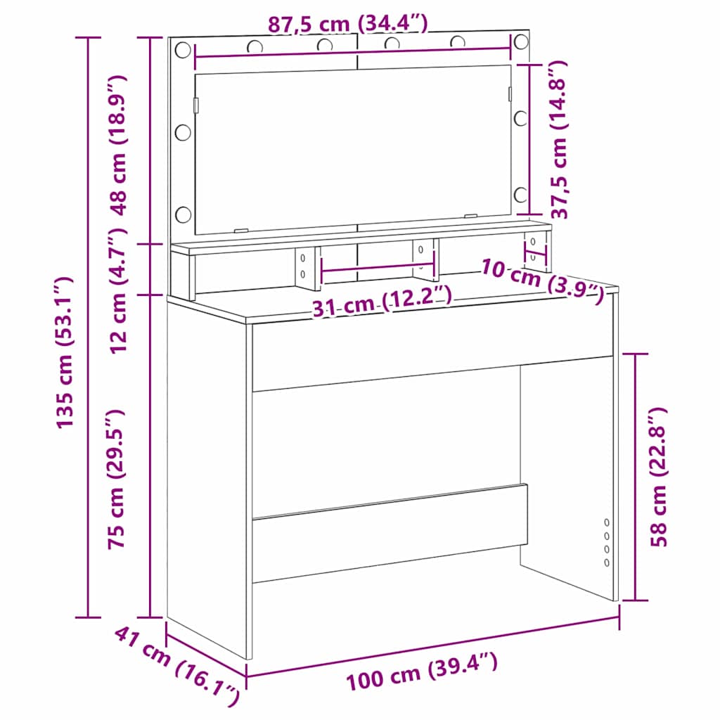 Dressing Table Grey Sonoma 100 x 41 x 135 cm Engineered Wood