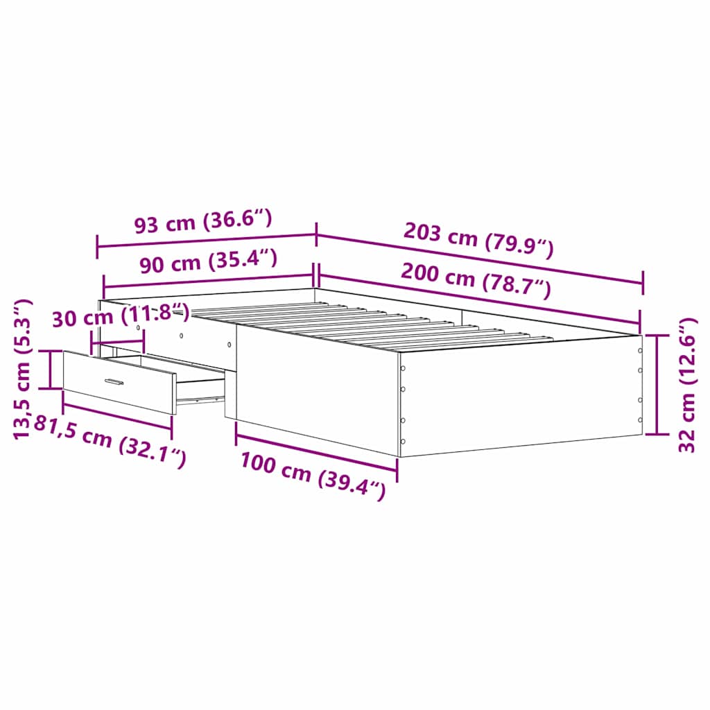 Bed Frame with Drawer Black Oak 90 x 200 cm Engineered Wood