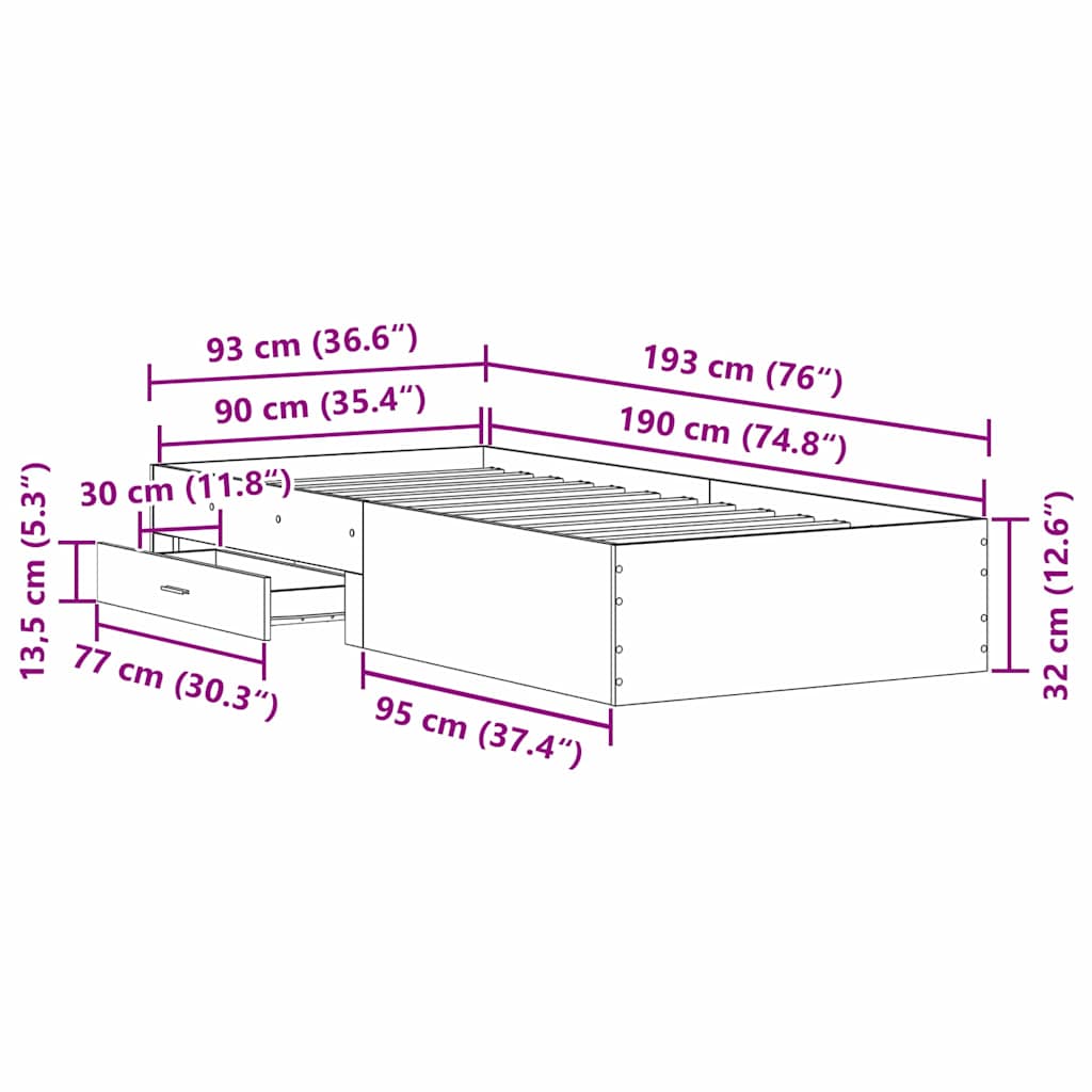 Bed Frame with Drawer Old Wood 90 x 190 cm Engineered Wood