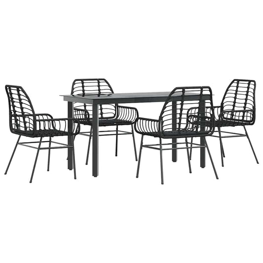 5 Piece Garden Dining Set Black Poly Rattan Glass